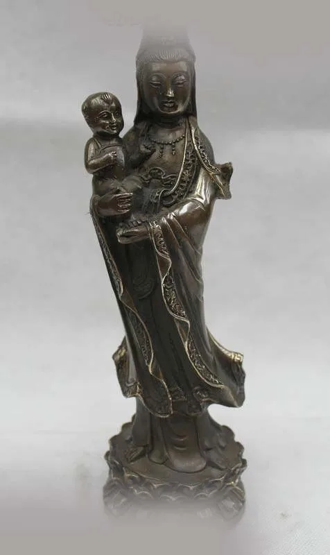 

10" Chinese Buddhism Bronze Stand Send Boy Kwan-yin Guan Yin Goddess Statue