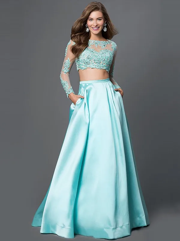 Two Pieces Prom Dress Scoop Neck Appliques Lace Long Satin Prom Dress