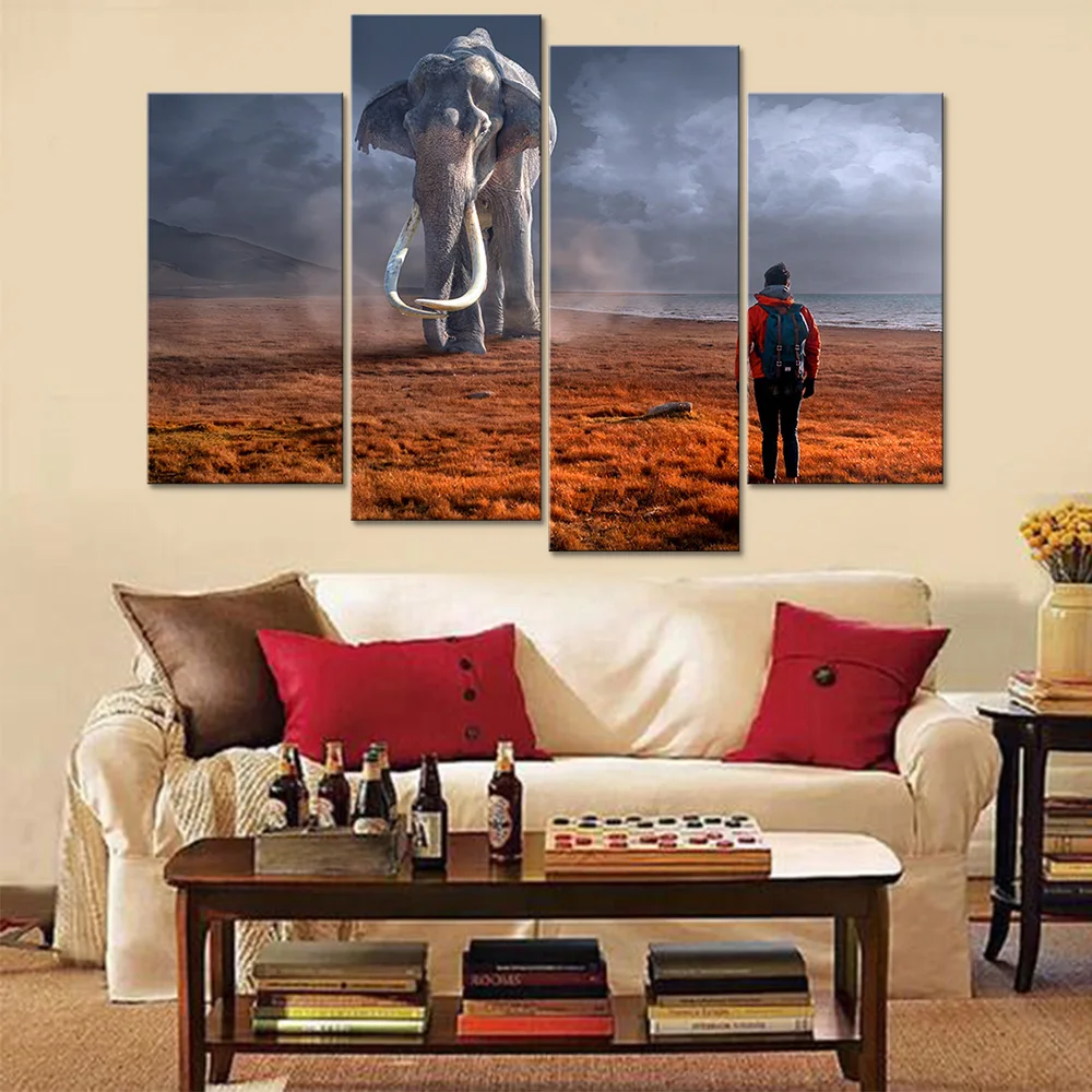 

Modern Art Painting Modular HD Living Room Poster Framework Canvas Wall Pictures Elephant And Traveler Home Decor Printed