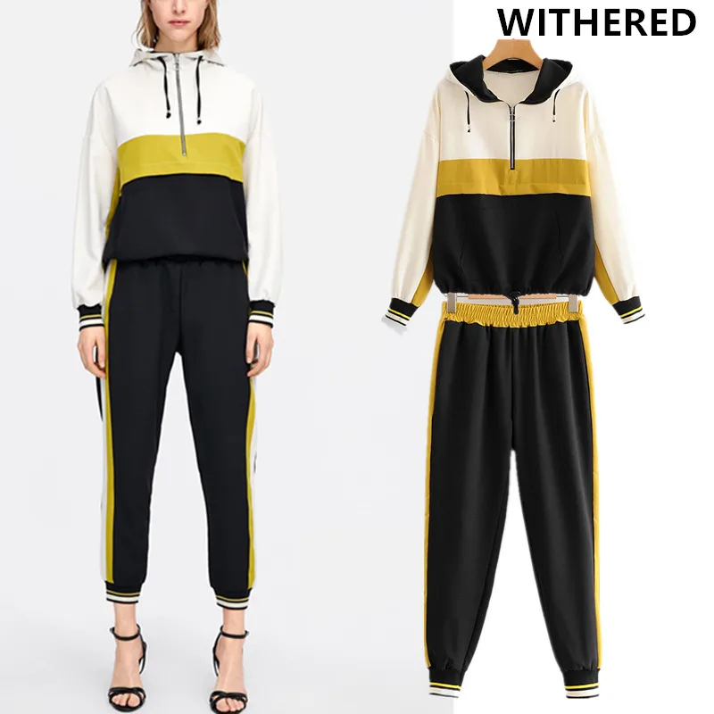 

Withered 2 pieces set women Splicing Color collision zipper jacket with hooded and harem pants women plus size sport suits women