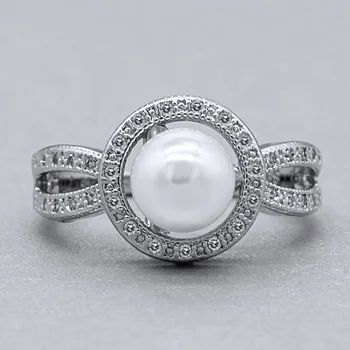 

Huitan Stylish Solitaire Ring with White Simulated Pearl Design Birthstone Jewelry Brilliant CZ Engagement Rings for Women Girls