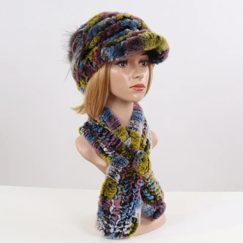 colorful 3 Новинка, модная меховая шапка для девушек, женская зимняя шапка, натуральный настоящий мех кролика, шапка, шарф, люкс Качество, женская шапка из натурального меха, глушитель - Цвет: colorful 3