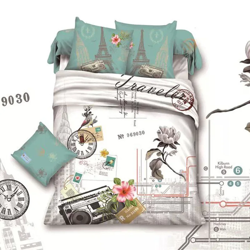 فرنسا برج ايفل زهرة الفراش مجموعات الملكة حجم السرير ورقة المخدة لحاف غطاء السرير في حقيبة القطن النسيج غرفة نوم مجموعات