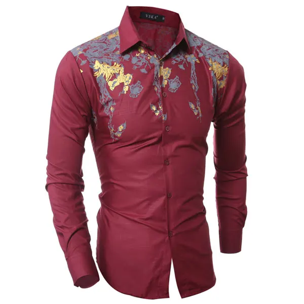 Прямая поставка, Camisa masculina, Мужская Модная приталенная Повседневная рубашка, мужские рубашки с длинным рукавом, мужская рубашка с принтом, Азиатский размер - Цвет: Red