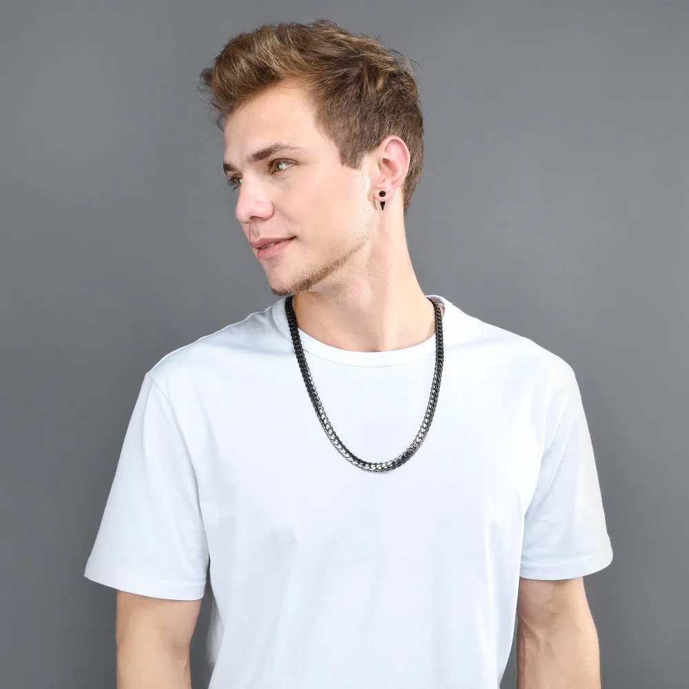 Мужское ожерелье с цепочкой панк черное золотое кубинское мужское N739G|necklace