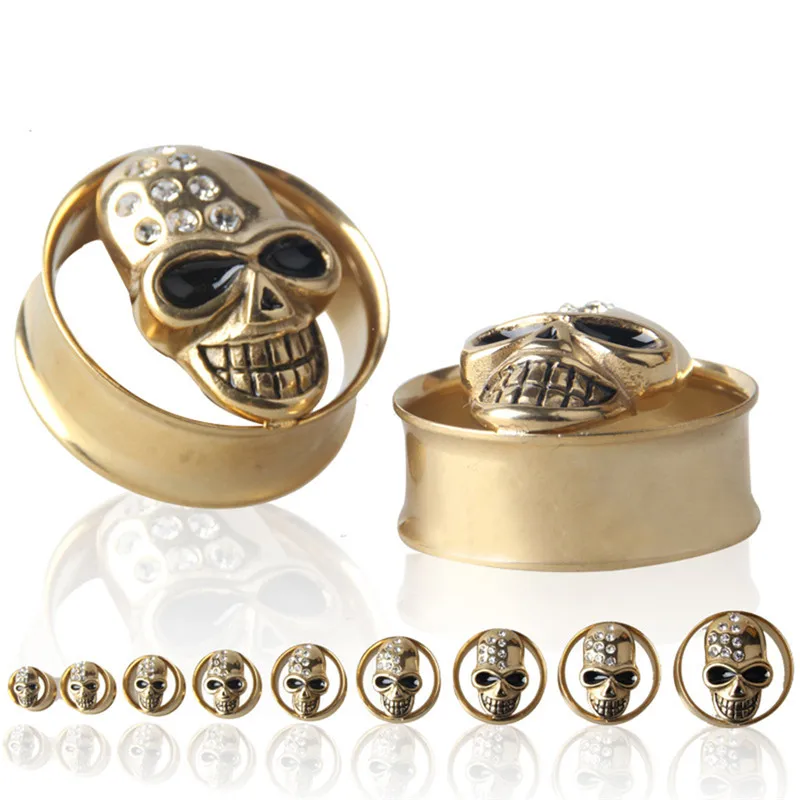 

Gold Skull Double Flares 316L Stainless Steel Ear Guage Plug Ear Tunnel Stretcher Expander Body Piercing Jewelry