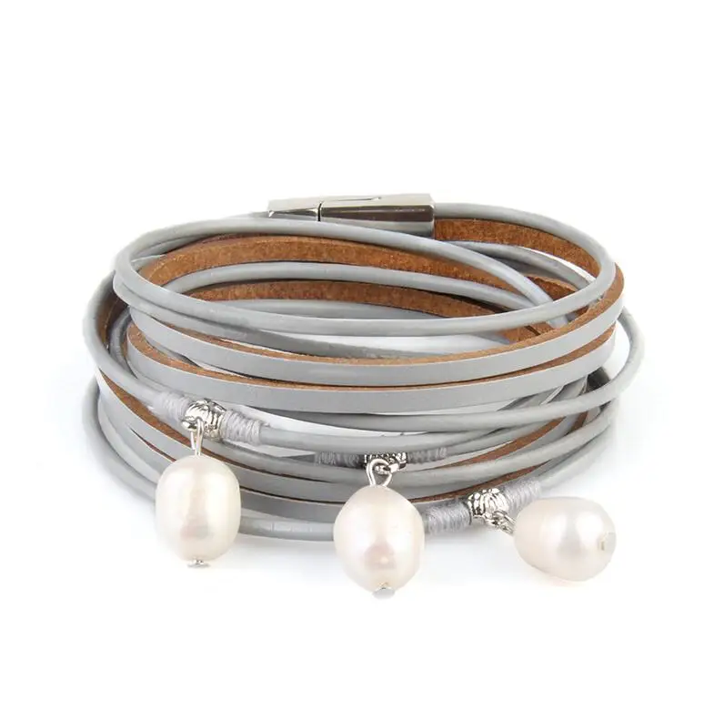 Seanuo 3 белый имитация жемчуга настоящая кожа магнит браслет для мужчин и женщин мода панк пара манжета браслет дружеский подарок - Окраска металла: gray