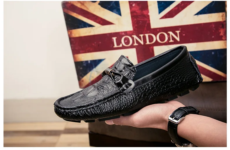Крокодиловый принт мужские лоферы для отдыха без шнуровки Великобритании; красивые удобные туфли без каблука кожаные туфли 38-44