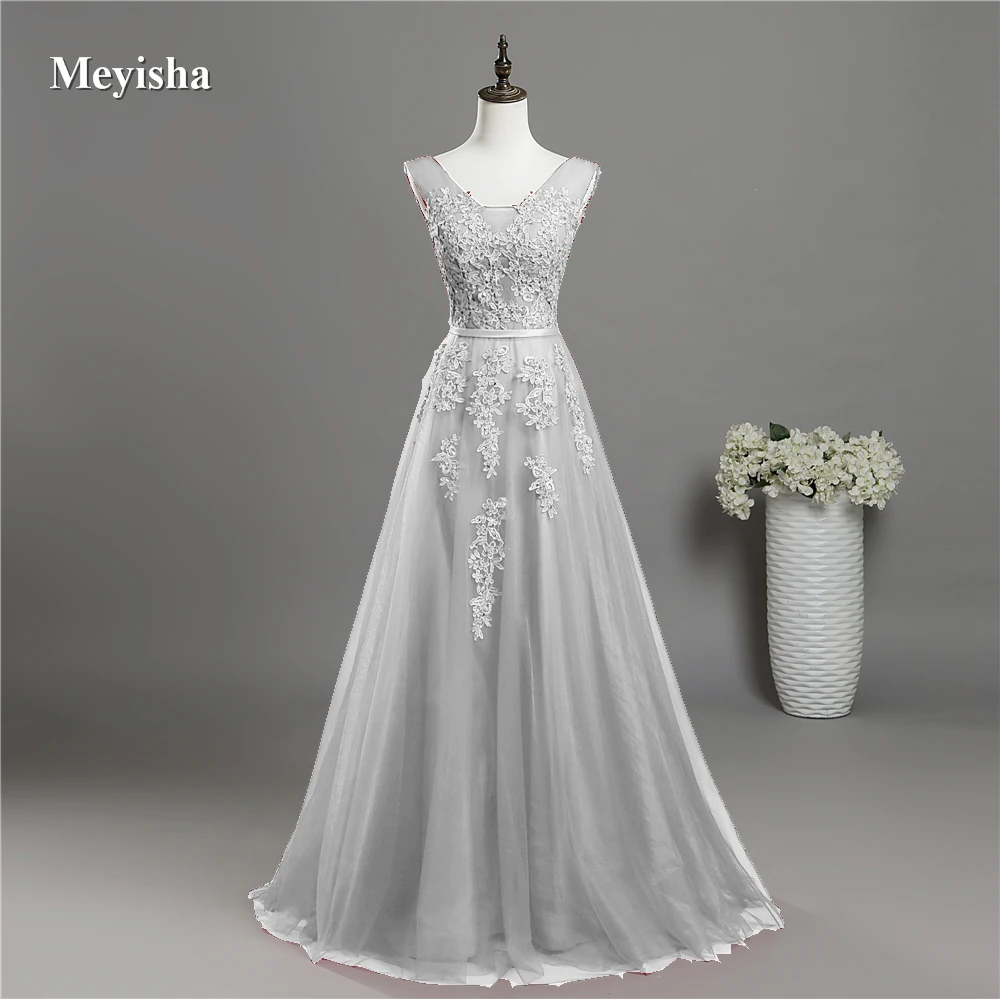 

ZJ6008 Sexy V Neck Lace Long Silver Prom Dresses 2018 Lace Up Back Formal Party Dresses For Graduation Plus Size Customer Made