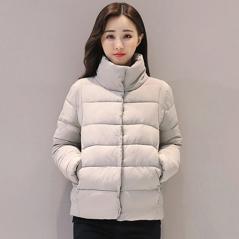 Stand collar 2017 short breast button women coat solid white black padded winter basic jacket women brief casual casaco feminino