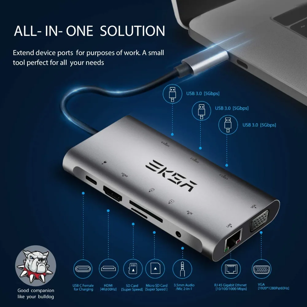 EKSA 10 en 1 USB Hub USB C con 4 K HDMI Puerto USB 3,0 SD/TF tarjeta lector VGA RJ45 Gigabit Ethernet para Dell/Samsung/Huawei P20 - 2