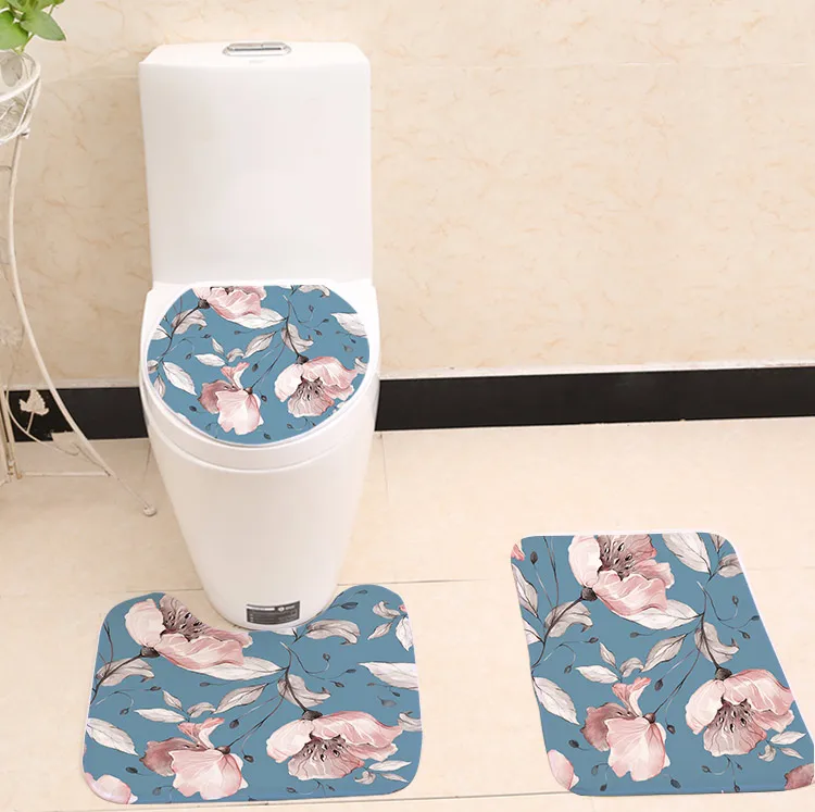 3pcs Bloom Flower Digital Printing Flannel Fabric Toilet Case Non slip