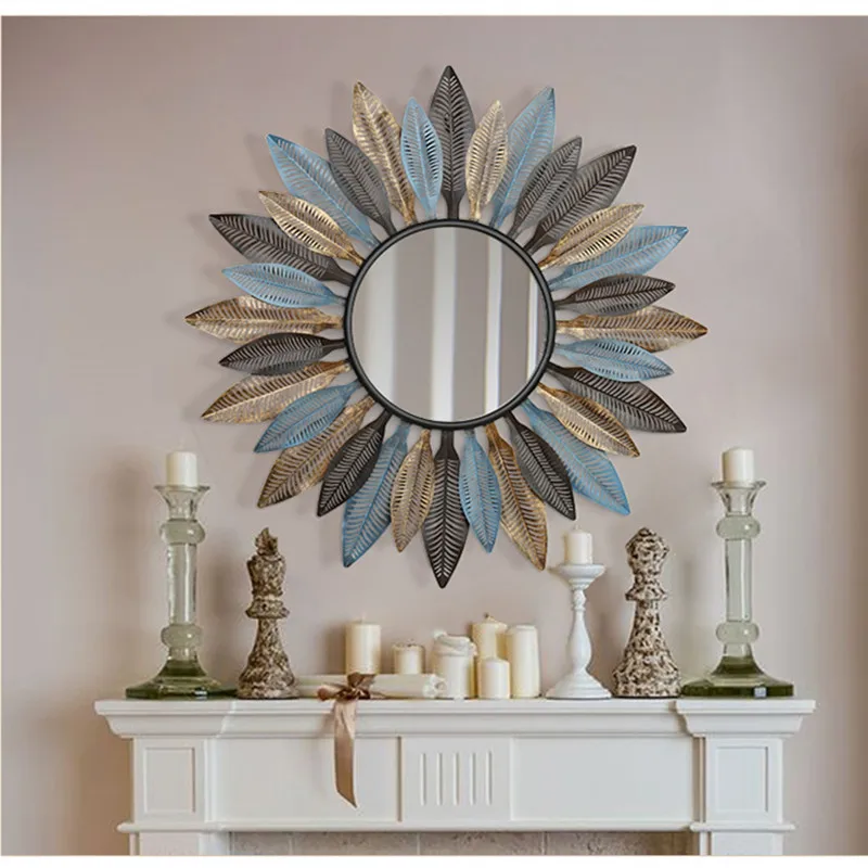 French Wrought Iron Sun Flower Leaf Wall Hanging Decorative Mirror Wall Crafts Decoration Home Livingroom Background Mural R2122