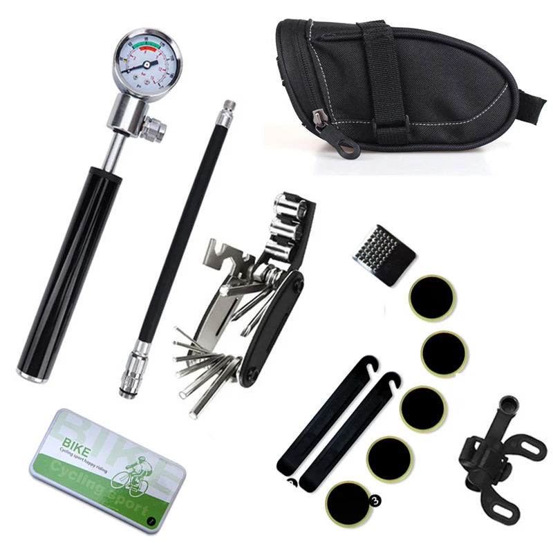 

Bike Repair Kit - Mini Pump & 16 in 1 Bicycle Mechanic Multi-function Repair Tool with Handy Bag Included Tire Levers