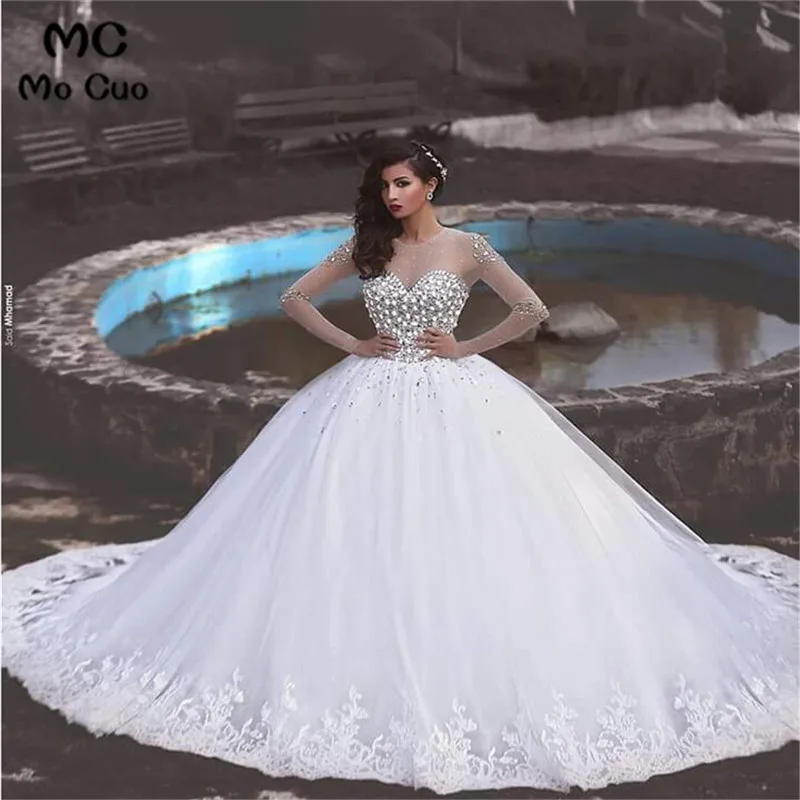 

2018 Bling See Though Wedding Dress with Illusion Long Sleeves 1.5 M Train wedding Dresses + Free 3 Hoops Petticoat