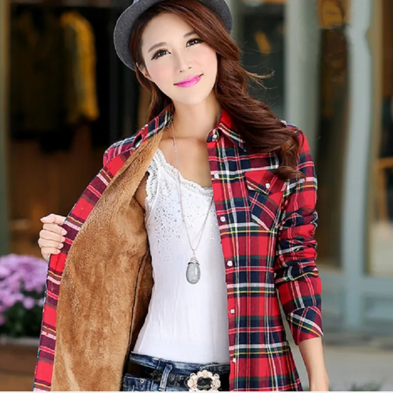 

New Fashion Winter Warm Cotton Vintage Velvet Plaid Blouse Women's Plus Size Shirt Tops Blusas Lady Clothing Red Chemisier Femme