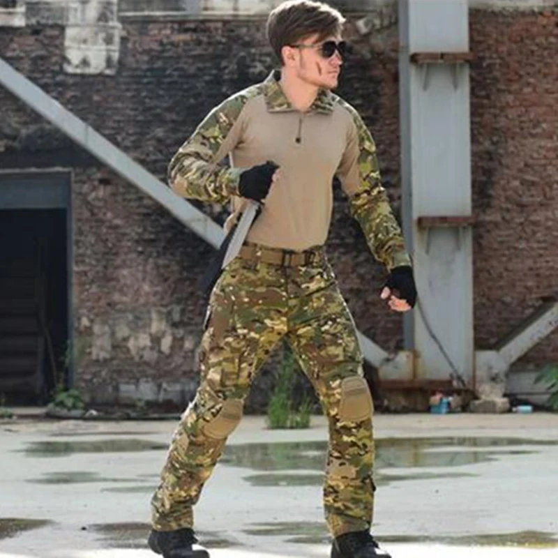 Военная Униформа мультикамера Военная боевая рубашка Униформа тактические брюки с наколенниками Камуфляжный костюм охотничья одежда