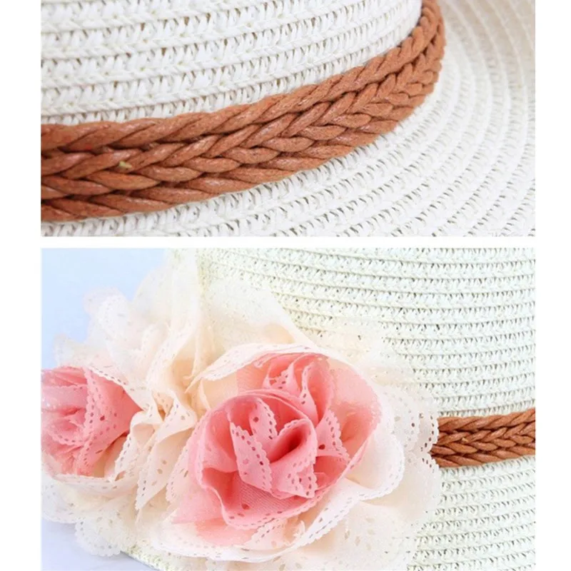 Милая одежда для малышей Princess Sun Hat цветок пляжные кепки летняя детская соломенный с широкими полями Гибкая шляпа сладкие девушки дети младенческой ВС Шапки
