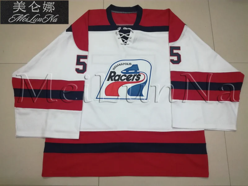 

MeiLunNa Customize WHA 1978 Indianapolis Racers Goalie Cut Hockey Jerseys Blank White Blue