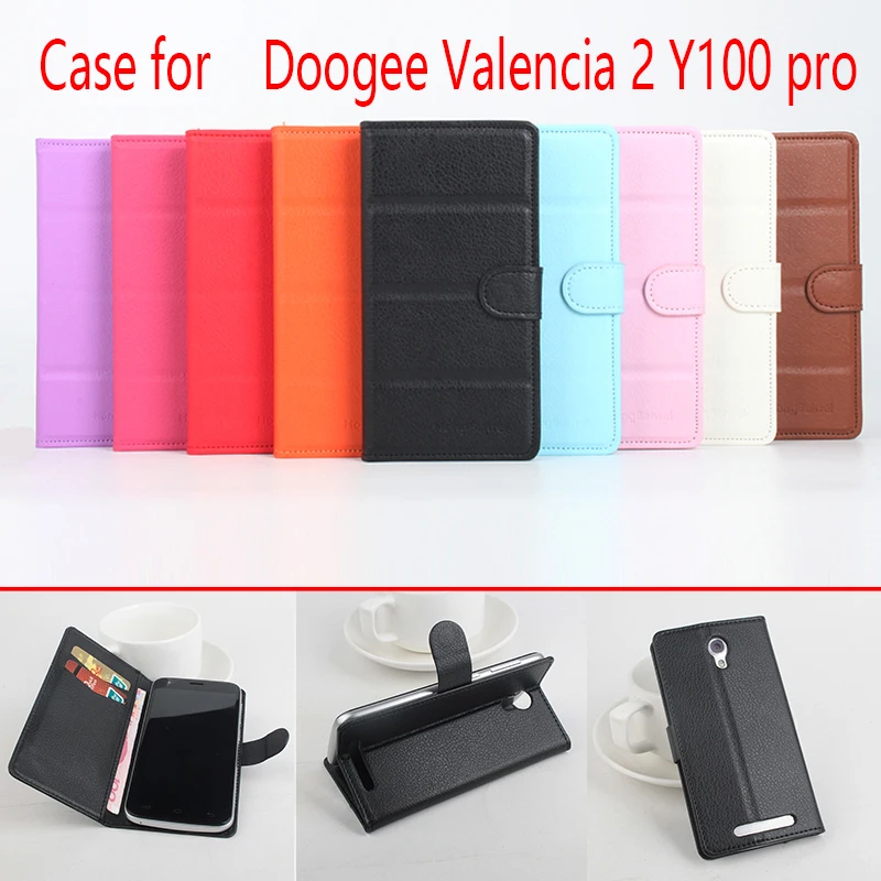 

For Doogee Valencia 2 pro Phone Case Folio Flip Pure Color Lichee Pattern PU Leather Wallet Case Cover Cash/Card Slots sanheng