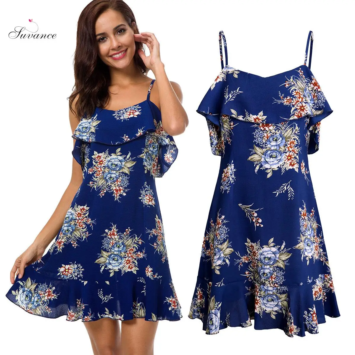Spring Summer Ruffles Printed Flowers Strap Women Casual Mini Dressin