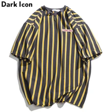 Темные иконы, вертикальные полосы, большие размеры, мужские футболки с коротким рукавом, лето, корейский стиль, свободная футболка для мужчин, мужская футболка из хлопка