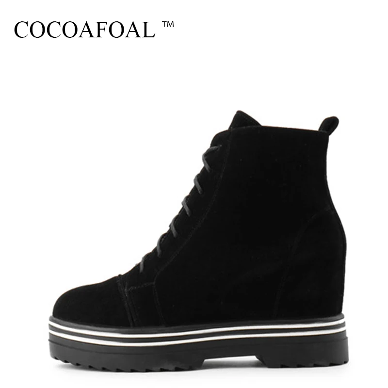 

COCOAFOAL Women's Fashion Black Round Toe Ankle Boots Winter Lace Up Brown Snow Boots Platform Plus Size 43 Flat With Snow Boots