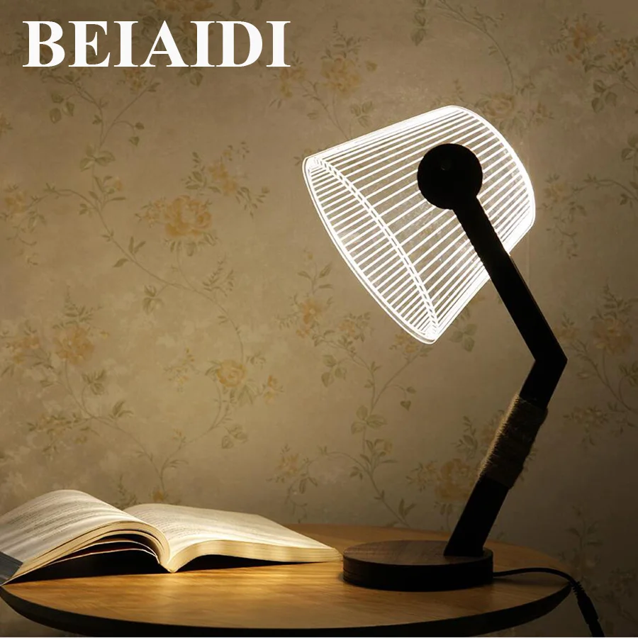 Online BEIAIDI creativo 3D visión lámpara de mesa LED con Dimmer madera luz de la noche de la atmósfera Retro mesa de luz para los niños regalo