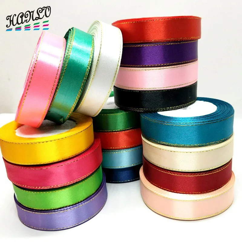 

20mm 4 Rolls (100 yards) High Quality Gold Edge Solid Color Satin Ribbons For Gift Packing Belt Wedding Party Decorative Crafts