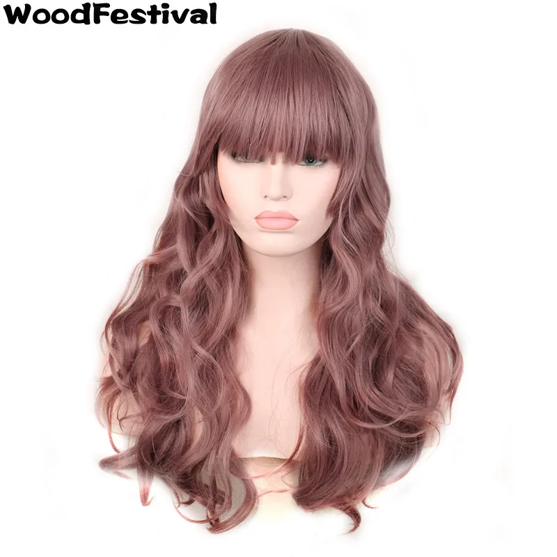 

WOODFESTIVAL Taro color purple heat resistant wigs 70cm long curly wig synthetic wigs with bangs women wig long hair