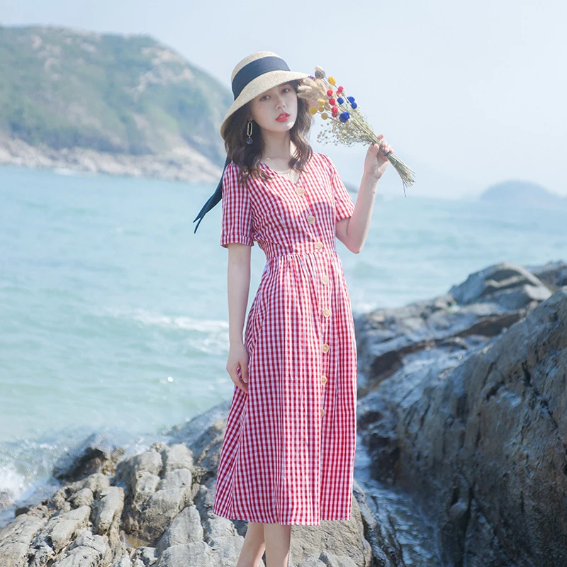 

2019 Summer New Women's Party Beach Dresses Vintage Plaid French Retro Mori Girl Mid-Length Dress