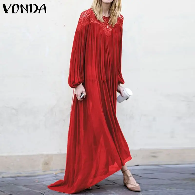 VONDA البوهيمي اللباس 2019 المرأة مثير فانوس كم الجوف الدانتيل حزب ماكسي اللباس عارضة فضفاض Vestido عطلة فستان الشمس زائد حجم