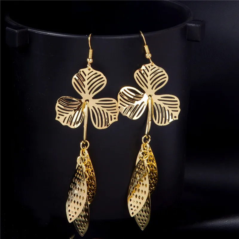 

SHUANGR New Gold/Silver Color Big Statement Long Drop Earrings Filigree Dipped Simulated Natural Real Leaf Earrings For Women