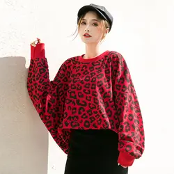 Более Размеры d Для женщин Chic Leopard Толстовка круглый воротник, рукав летучая мышь большой Размеры толстовки 2018 Новый Костюмы