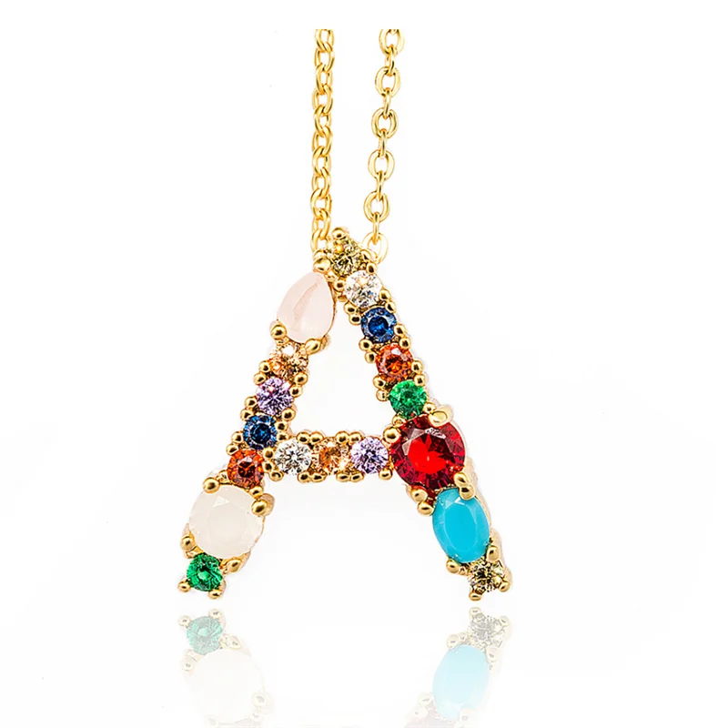 

Rainbow 26 letter fashion gold necklace micro clip CZ cubic zirconia AZ letter initials pendant ladies jewelry #aaa