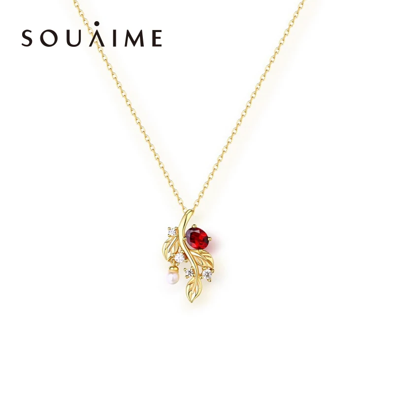 

SOUAIME 14k Gold Plated 14K Gold Leaf Necklace Pendant, Fashion Choi Po Natural Garnet Jewelry Mother's Day Birthday Gift