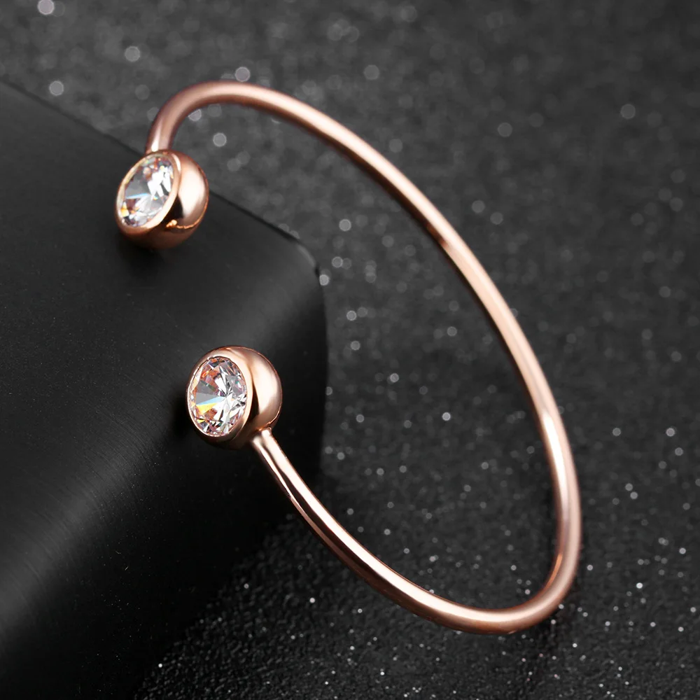 Titanium Stainless Steel Open Bangles Gold Plated Bezel Setting Cubic Zirconia Cuff Bracelet For Women Girl