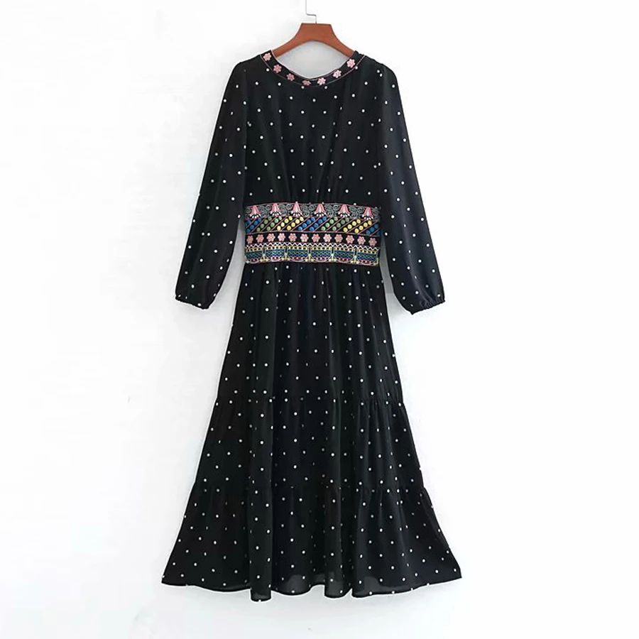 TEELYNN boho платье винтажные шифоновые платья в горошек с цветочной вышивкой и v-образным вырезом летнее платье свободные хиппи женские платья