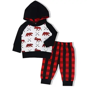 

Oklady Baby Boy Clothes Bear Deer Printed Long Sleeve Hoodie Tops +Red Plaid Pants Outfit Set