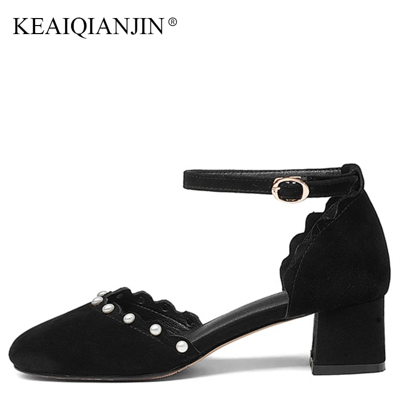 

KEAIQIANJIN Woman Genuine Leather String Bead Sandal Fashion Sexy Black Party Shoes Summer Plus Size 33 Pink Gladiator Sandals