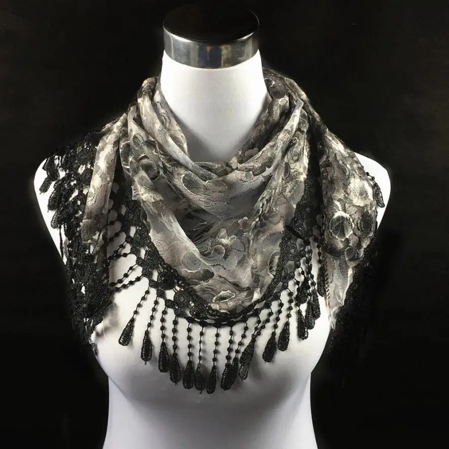 

FEITONG Fashion Lace Tassel Sheer Burntout Flower Triangle Mantilla Scarf Shawl comfortable New Fashion Scarves for women