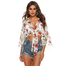 women wear flower print loose blouse bowknot flare sleeve chiffon blouse shirt female sexy top summer wear chiffon print flare sleeve blouse