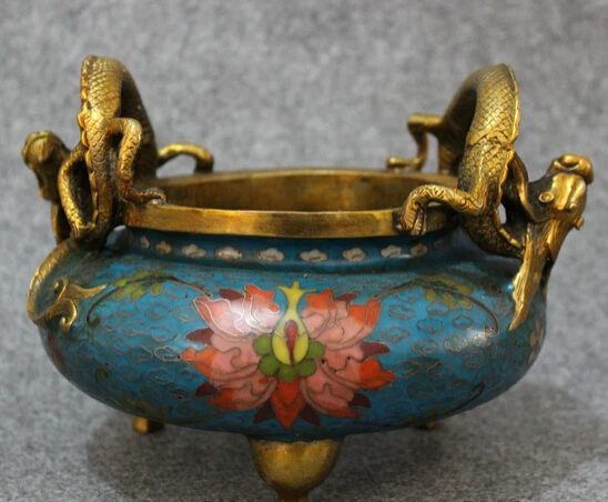 

bi002706 9"Tibet Cloisonne Enamel Bronze 2 Dragon Beast Statue Bowl Incense Burner Censer