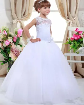 

Fashion Lace Up Back Tulle Neckline A-line Flower Girl Dresses for Wedding Party Pageant First Communion Custom Made