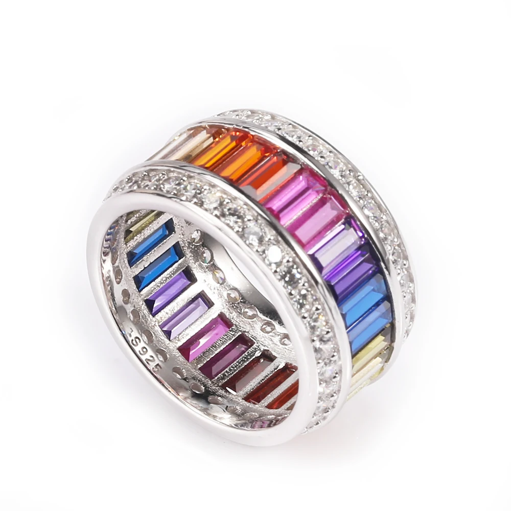 

925-Sterling-Silver Rings For Women Round Rings Inlay Handmade Cut Rainbow Cubic Zircon Gradient Color Rings Silver Jewelry