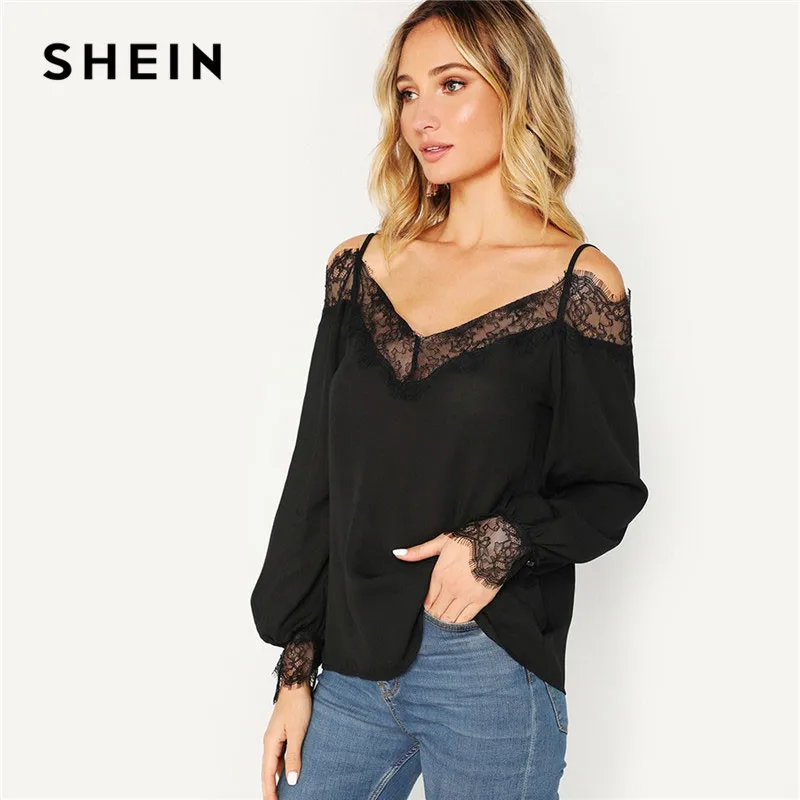 Online SHEIN negro encaje recortado hombro frío linterna manga sólida mujer blusa primavera señora elegante cuello en V calle superior blusas