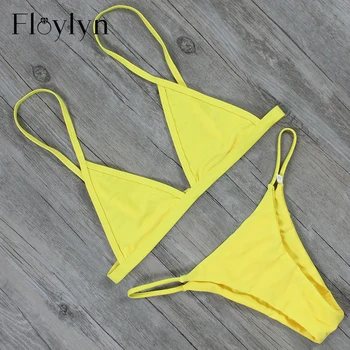 

Floylyn Sexy Triangle Push Up Bikini Sexy Swimwear Summer Solid color Brazilian Bathing Suit Thong Bikini