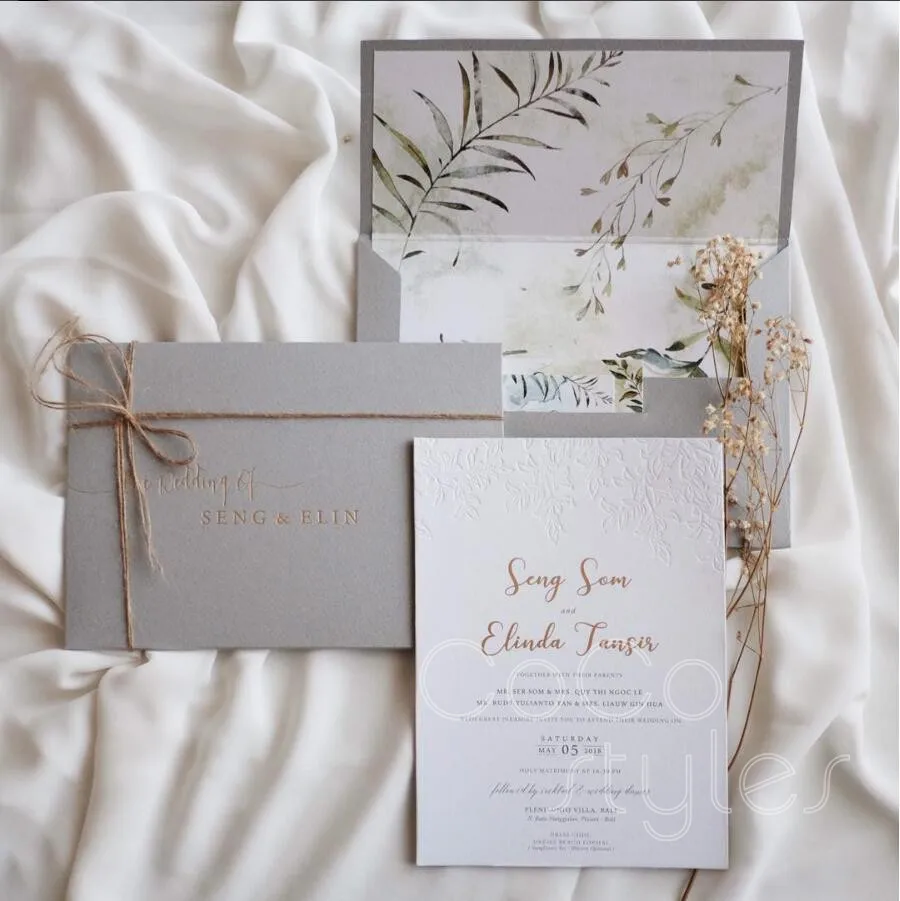 

Cocostyles bespoke art style blind letterpress floral foiling invitation card witn envelope for forest wedding party events