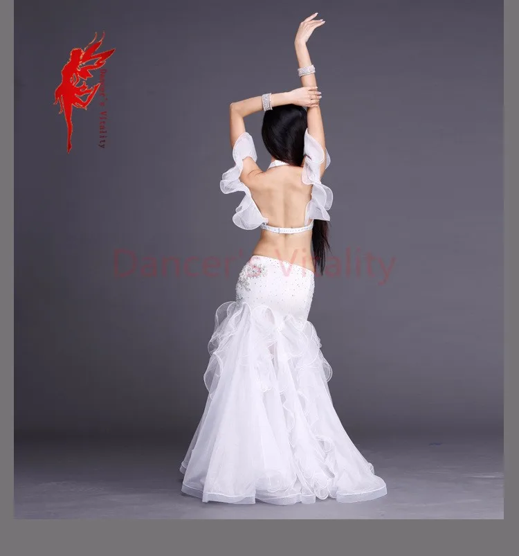 Стразы роскошные выступления танец живота установить верх и юбка 2 шт. Танцор старший комплект 3D сетка материал танец живота костюмы