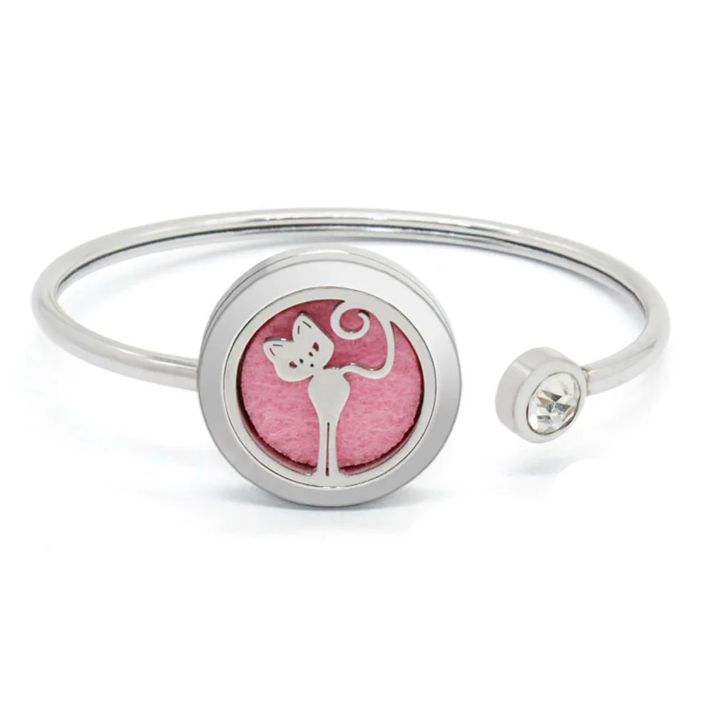 

Cat Design 25MM Essential Oil Bangle Bracelet For Women Stainless Steel Round Magnet Aromatherapy Locket Bangle With Pad